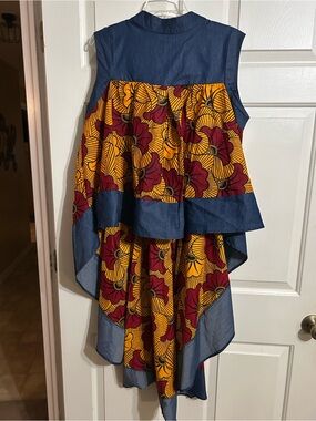 Sleeveless Layered High-Low Tunic in Navy, Mustard & Burgundy